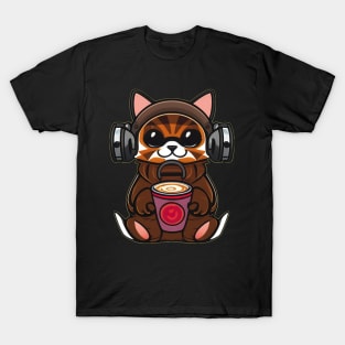 Cute Cat Wearing Headphones Holding Coffee T-Shirt